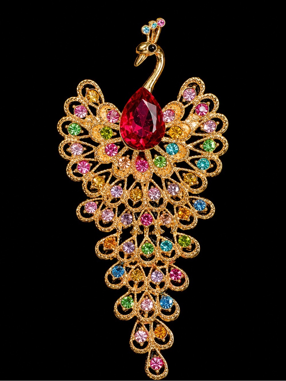 Gold Multicolor Peacock Brooch with Red Center - Women Jewelry